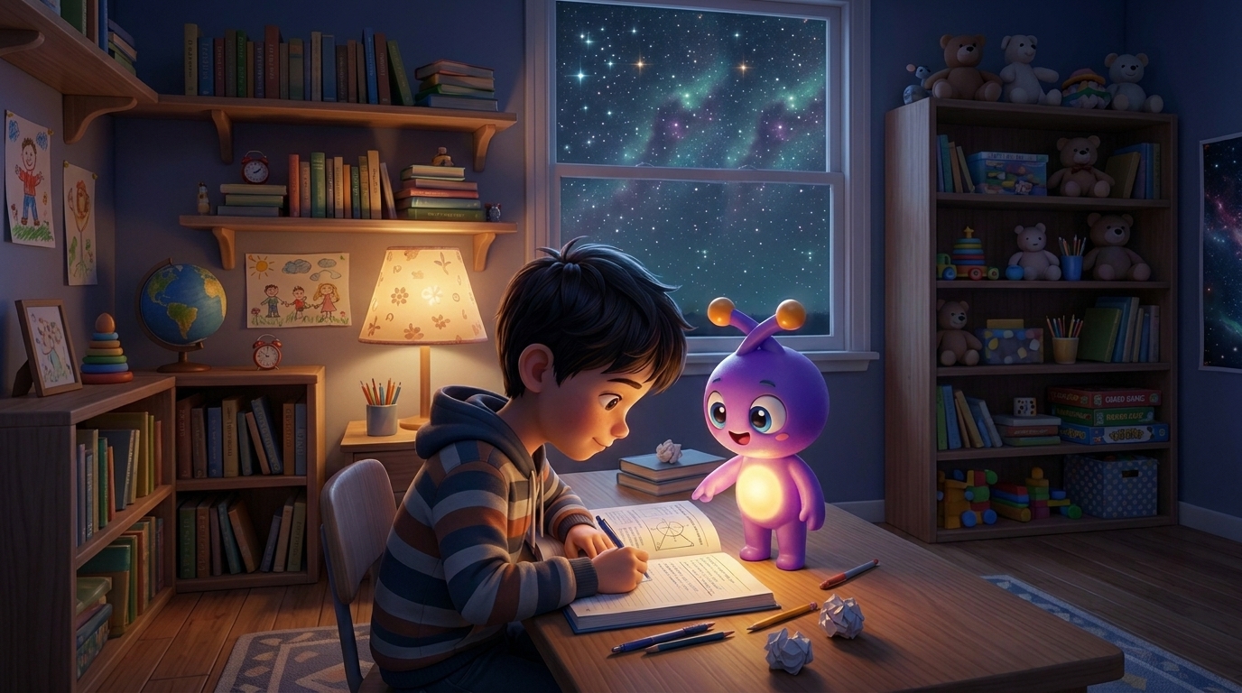 Earth kids learning with Xplorer, his ship glowing brighter