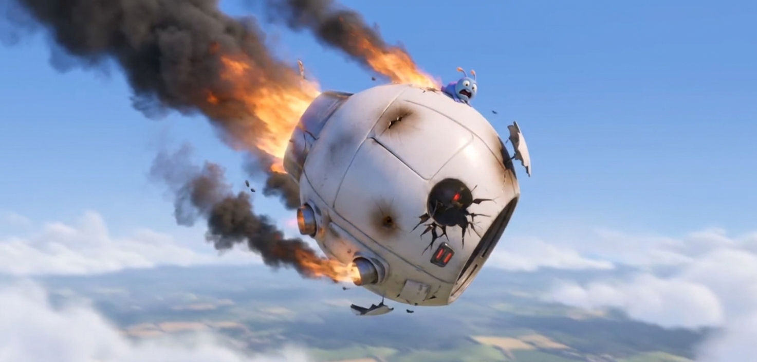 Xplorer's tiny saucer crashing into an Earth meadow