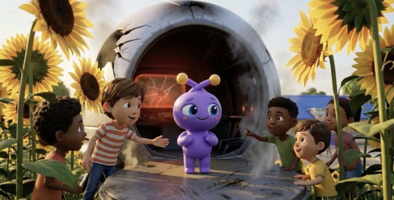 Xplorer meeting a group of curious Earth kids